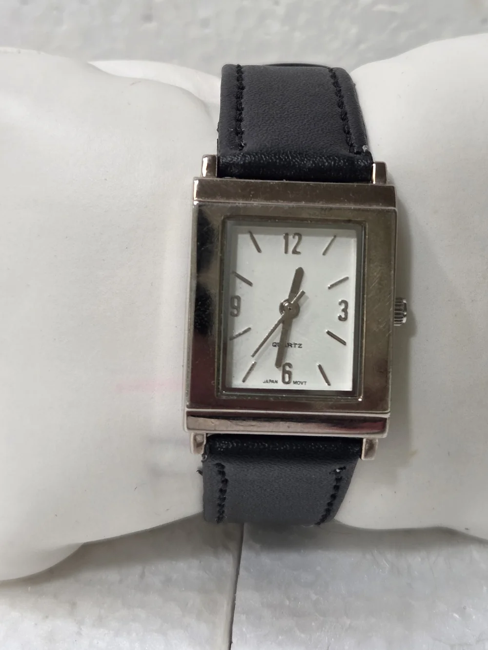 Womens Black Leather Strap Silver-Tone Square Quartz Watch